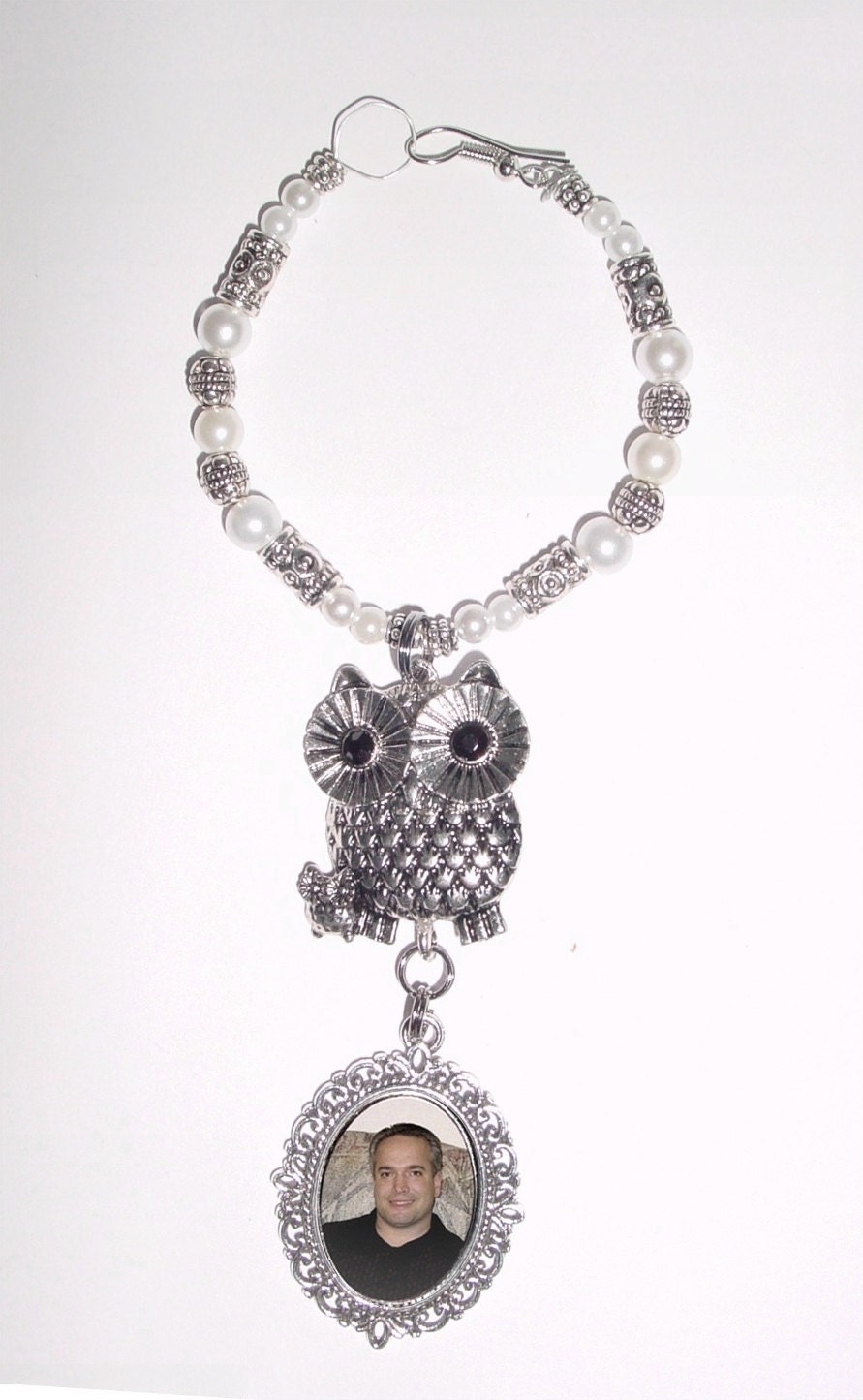 Wedding Bouquet Memorial Photo Metal Charm Silver Owl Crystals Gems Pearls Silver Tibetan Beads - FREE SHIPPING