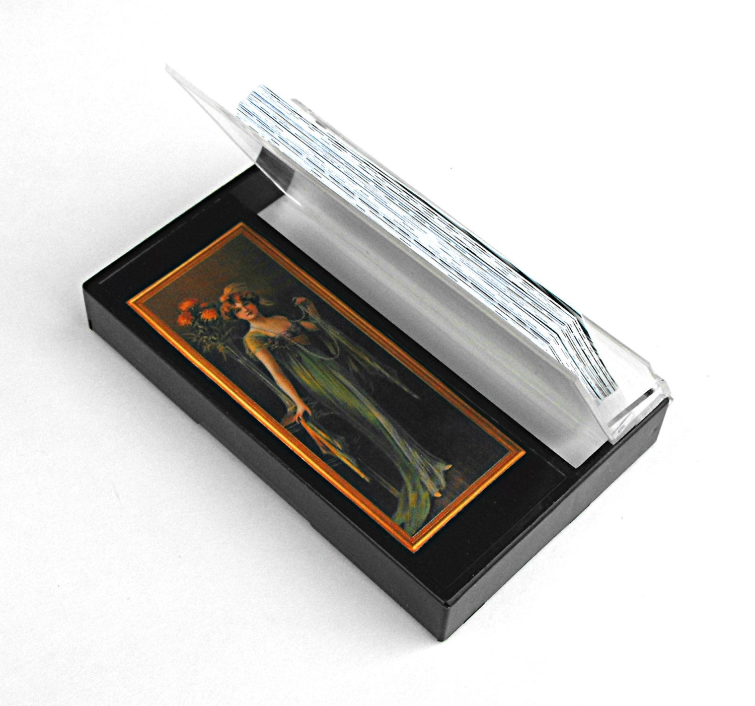 Downton Abbey Card Holder - Victorian Lady Business Cards Decoupage Recycled Cassette Tape Plastic Case Romantic Absinthe Green Fairy