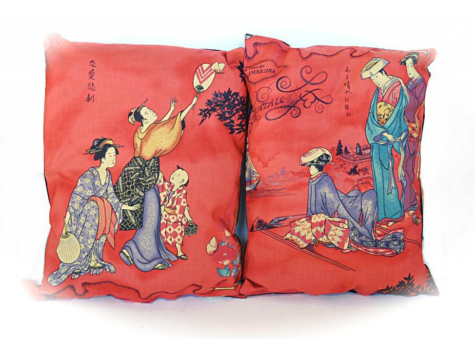 Oriental Family Pillow Set (2) - Feng Shui Tea Room Home Decor Gift - Asian Zen Kimono Geisha Ornate Design Pagoda Fan Samurai Print Pillows