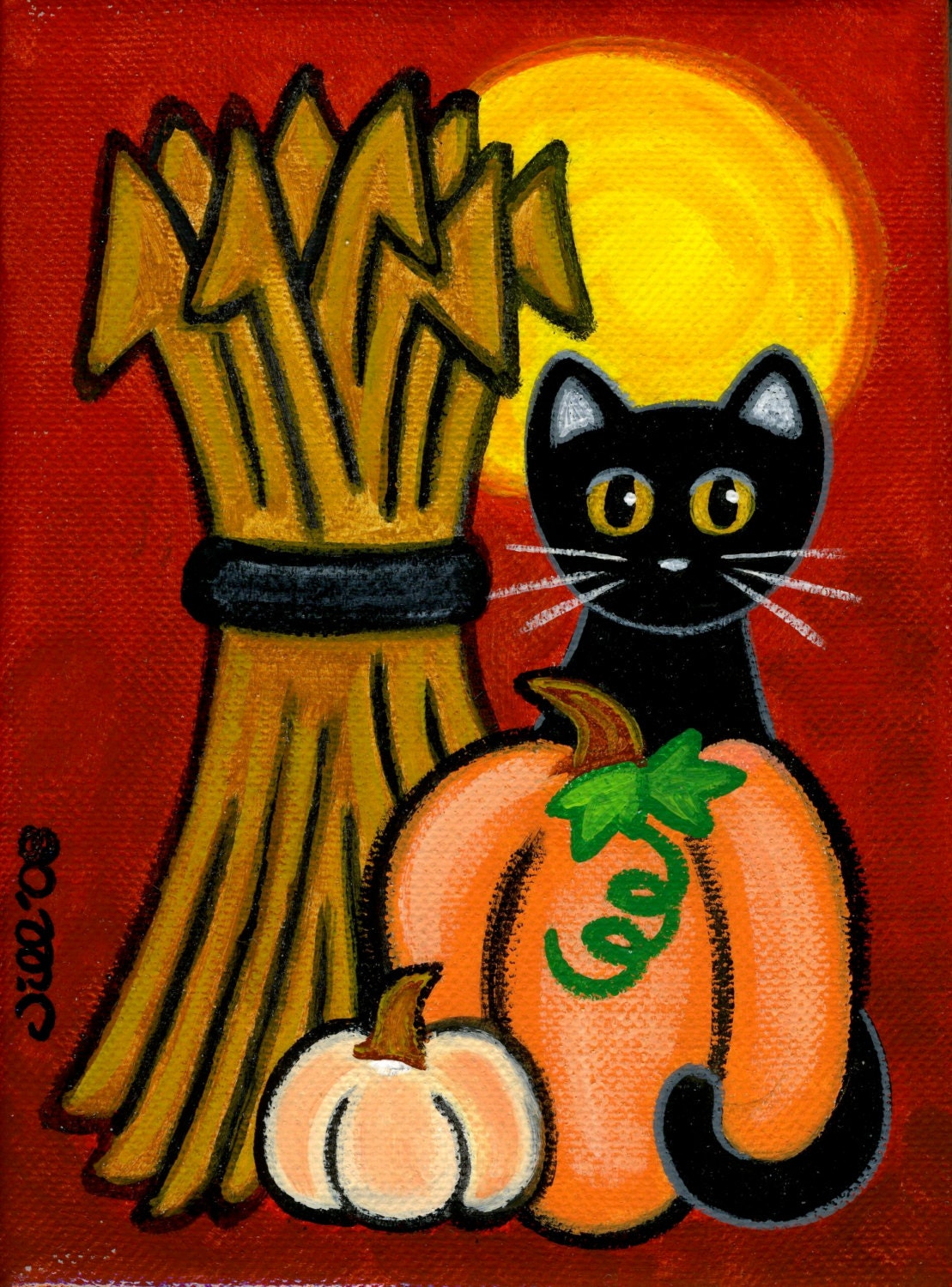 Original Canvas PAINTING - Black CAT Harvest Moon & PUMPKINS by Jill