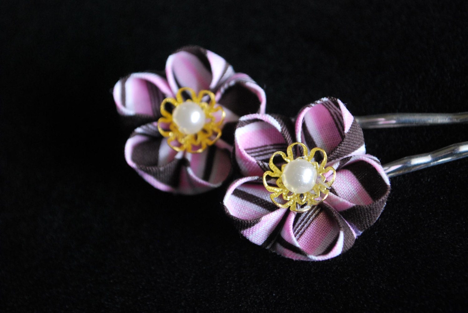 Chocolate & Strawberry Striped Kanzashi Pins