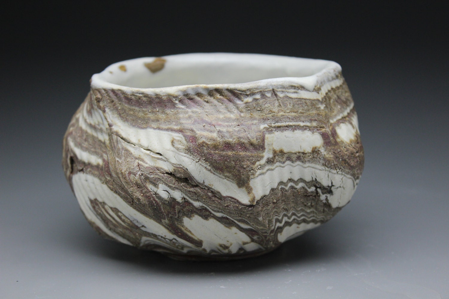 Tea Bowl Chawan Marbled Stoneware Drinking Vessel with Cord Faceted Texture, Wabi Sabi Macha cup