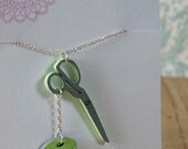 Sweet Sew Scissors and Thread Necklace- Hand Painted Birch w/ Sterling Silver Chain