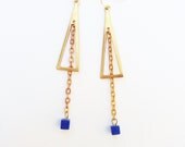 30% OFF COUPON SALE - Blue Lapis Cube and Brass Angular Earrings