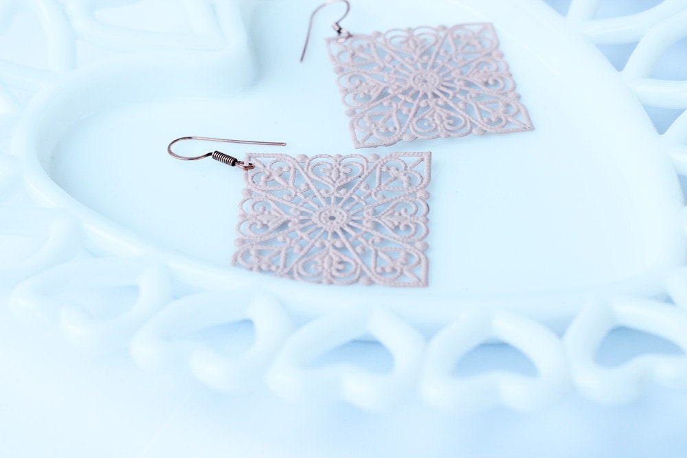 Large Filigree Cutout Blush Pink Dangle Earrings