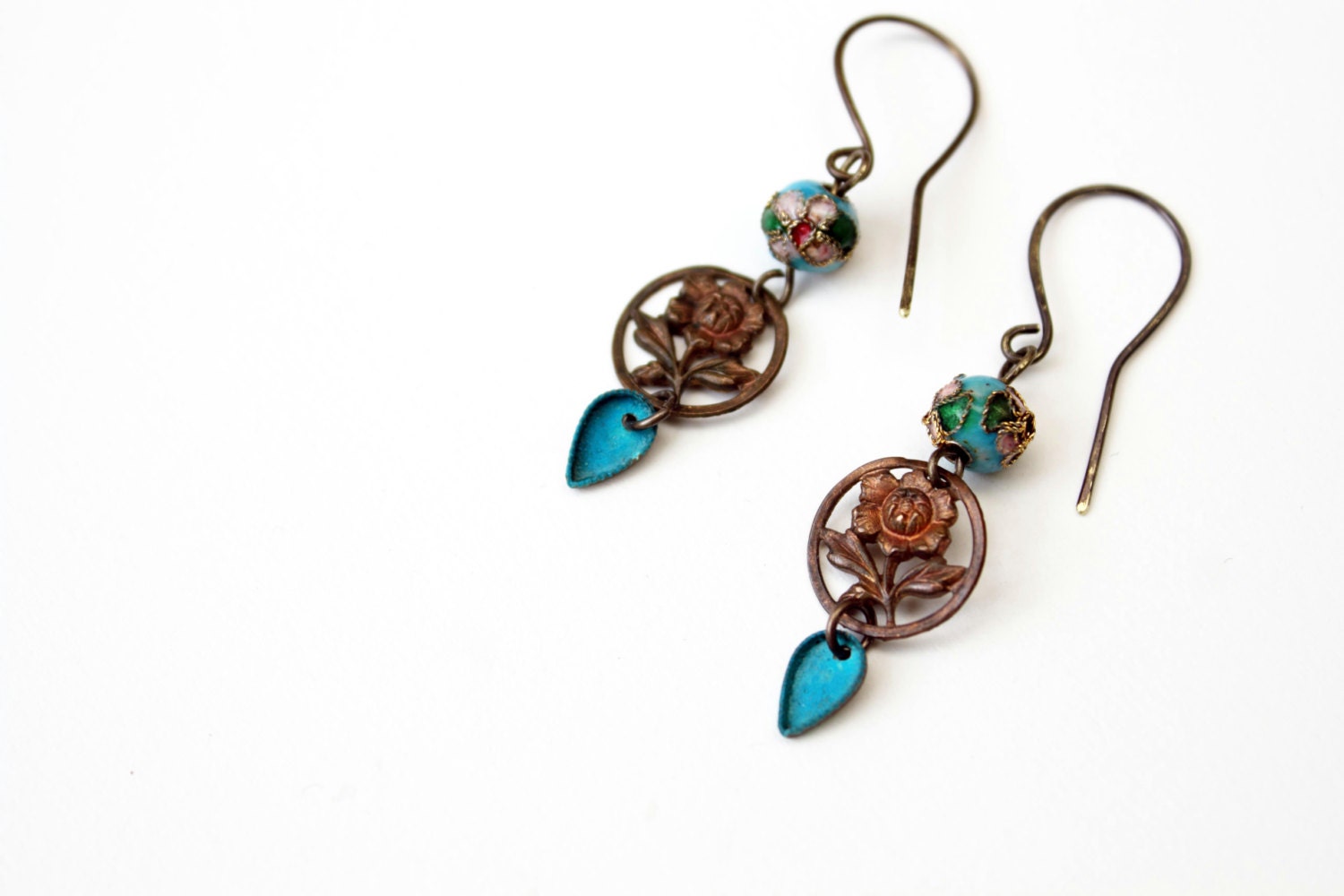 Turquoise flower earrings blue patina fancy flower turquoise cloisonne bead vintage parts