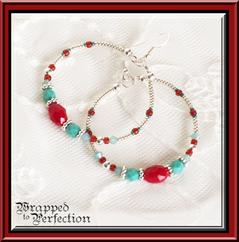 Turquoise, Red & Silver Hoop Earrings / Dangle / BoHo Bohemian Gypsy / Sterling Silver Ear Wires / Large Beaded Hoop / Trendy