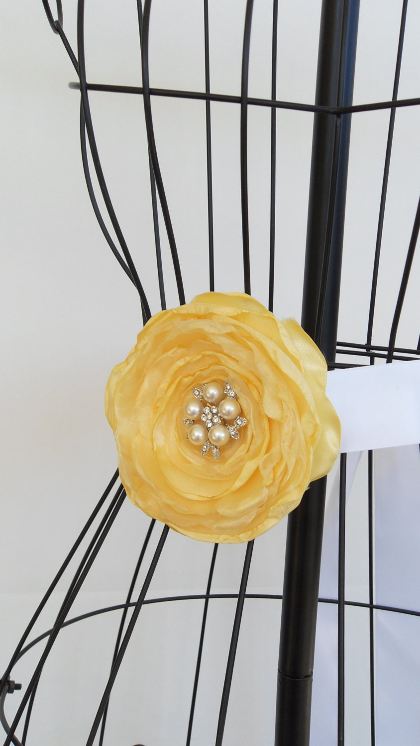 Bridal sash, sunbeam fabric flower wedding gown sash, pearl rhinestone pin, yellow gray wedding sash