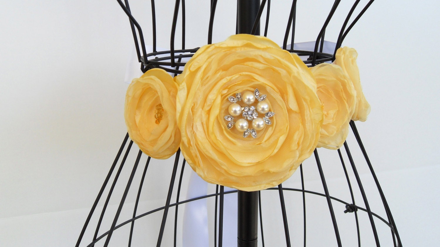 Bridal sash, sunbeam fabric flower wedding gown sash, pearl rhinestone pin, yellow gray wedding sash