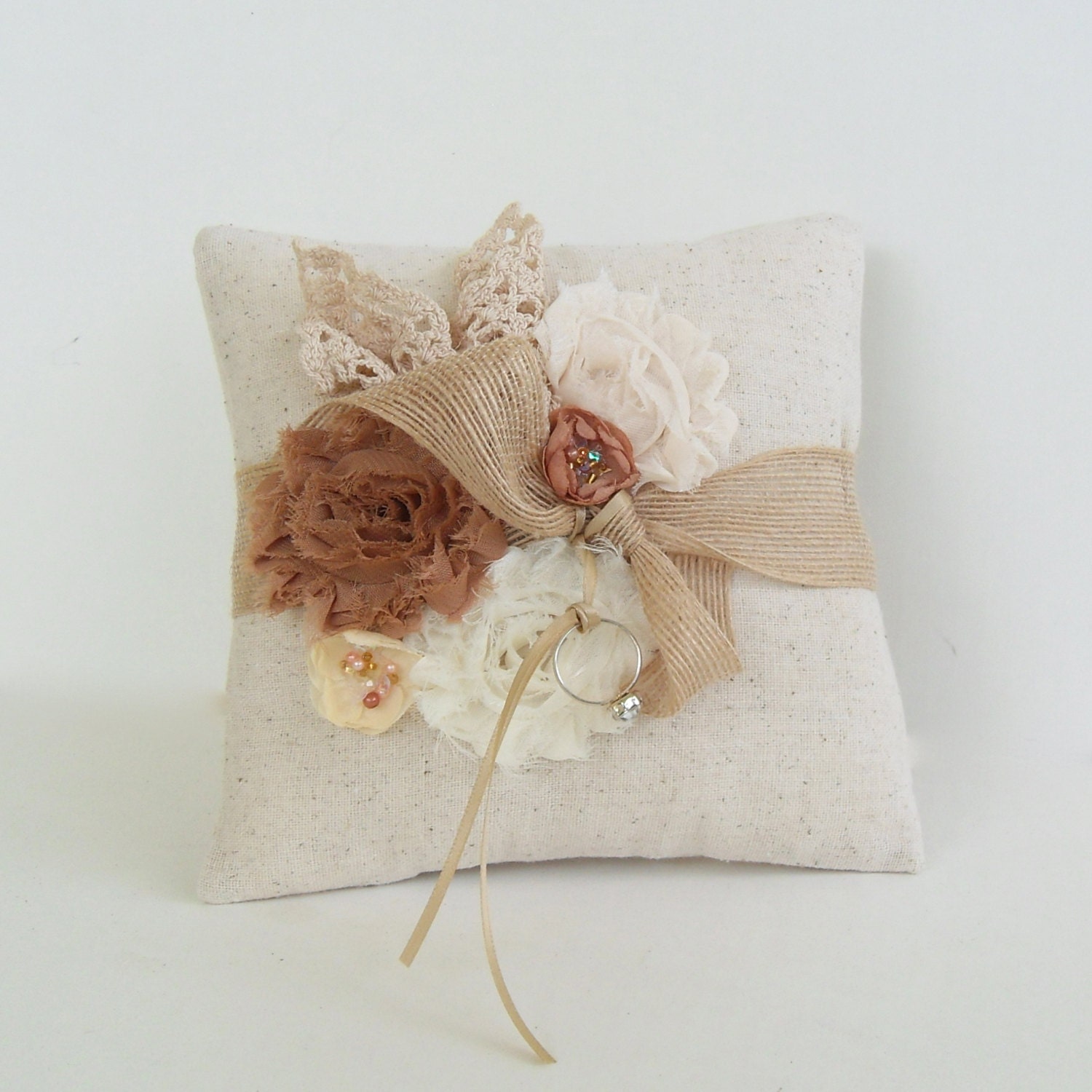 Country Chic wedding ring pillow, rustic ring bearer pillow, burlap and lace wedding