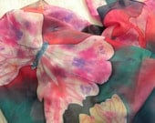 Pink butterflies on red and black hand painted silk scarf. Red and black silk scarf with butterly motifs. FREE tracked SHIPPING