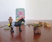 Creative toy set with horse and bunny, vintage game pieces, key, and other items // learning toys // travel toys