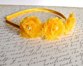 Mini sunflower yellow shabby chic blossom and pearls on a satin headband. 15 colors for women, girls, toddlers.