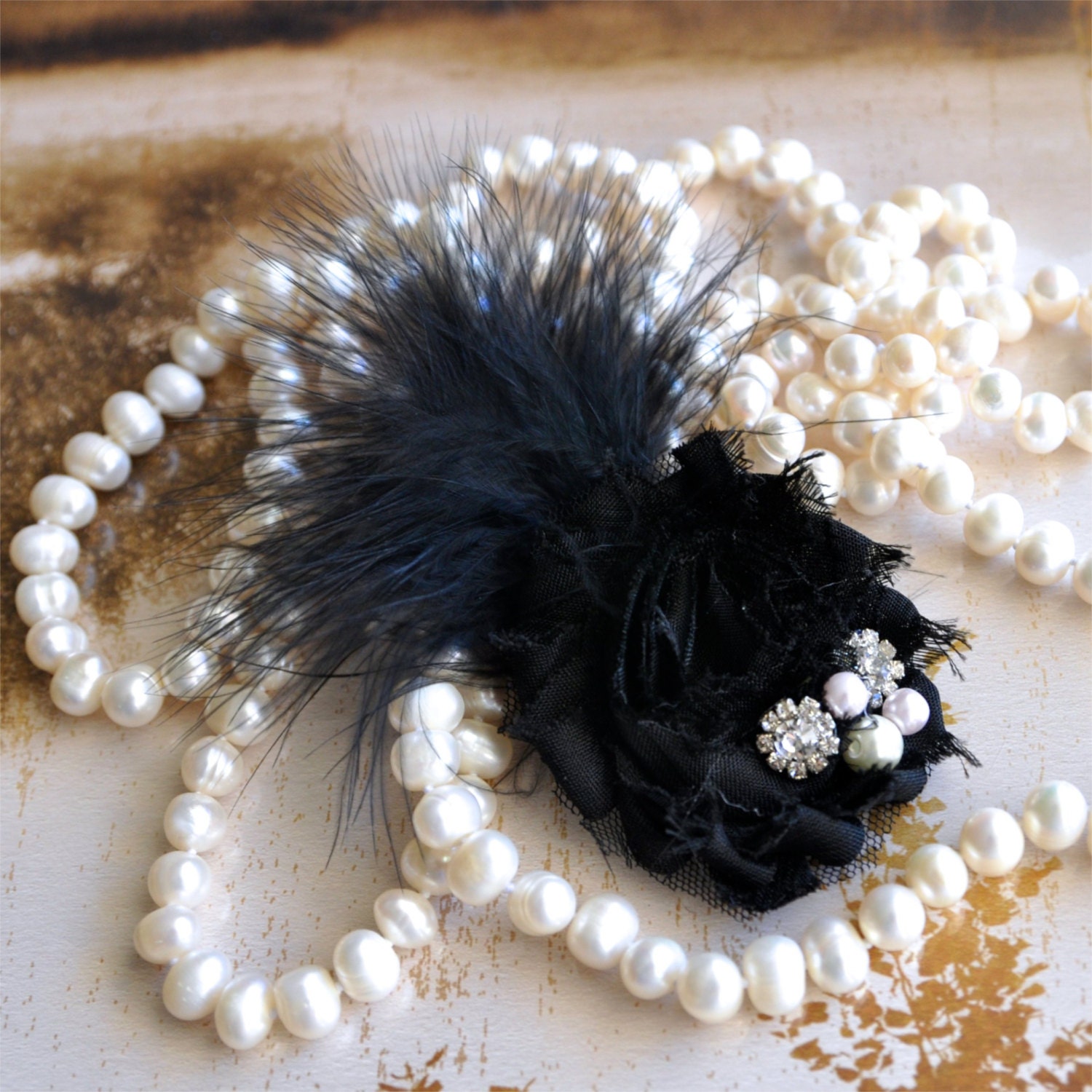 Black flower feather hair clip with pearls and rhinestones for girls, teens, women.