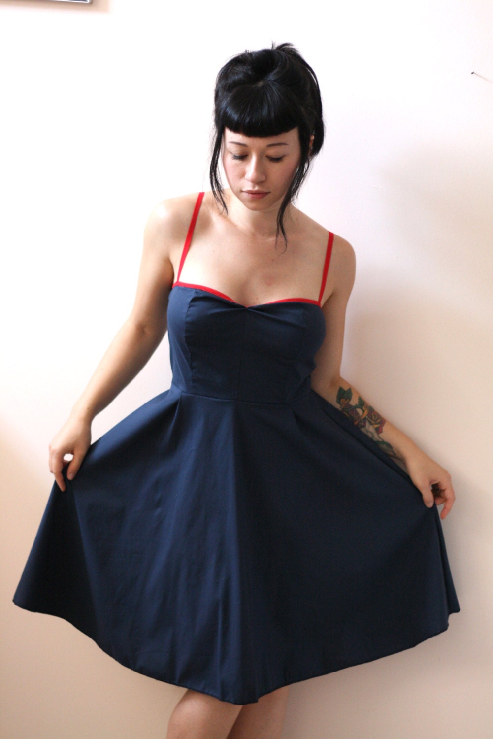 Nautical dress. Navy dress.Pin up style dress.red lace dress. navy bridesmaid dress.dark blue dress.15% OFF -summer sale
