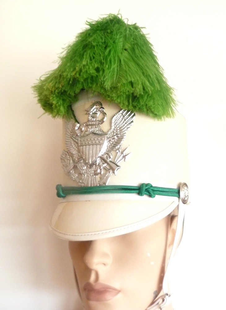 Vintage Marching Band Hat  White Green Plume Silver Eagle