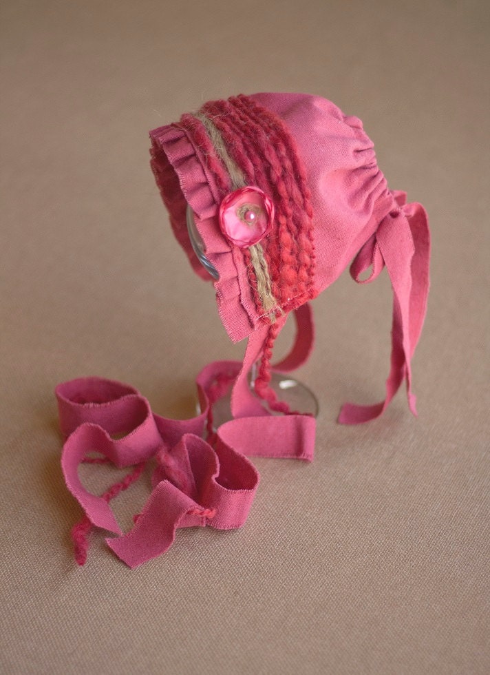 EVETTE. Hand Dyed Fabric Bonnet. Salmon Pink. Shabby Chic. Newborn. Baby Girl. Photo Prop. Vintage Style.