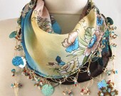 Brown- Blue scarf / Turkish OYA scarf .cotton scarves/infinity scarves/handmade scarves