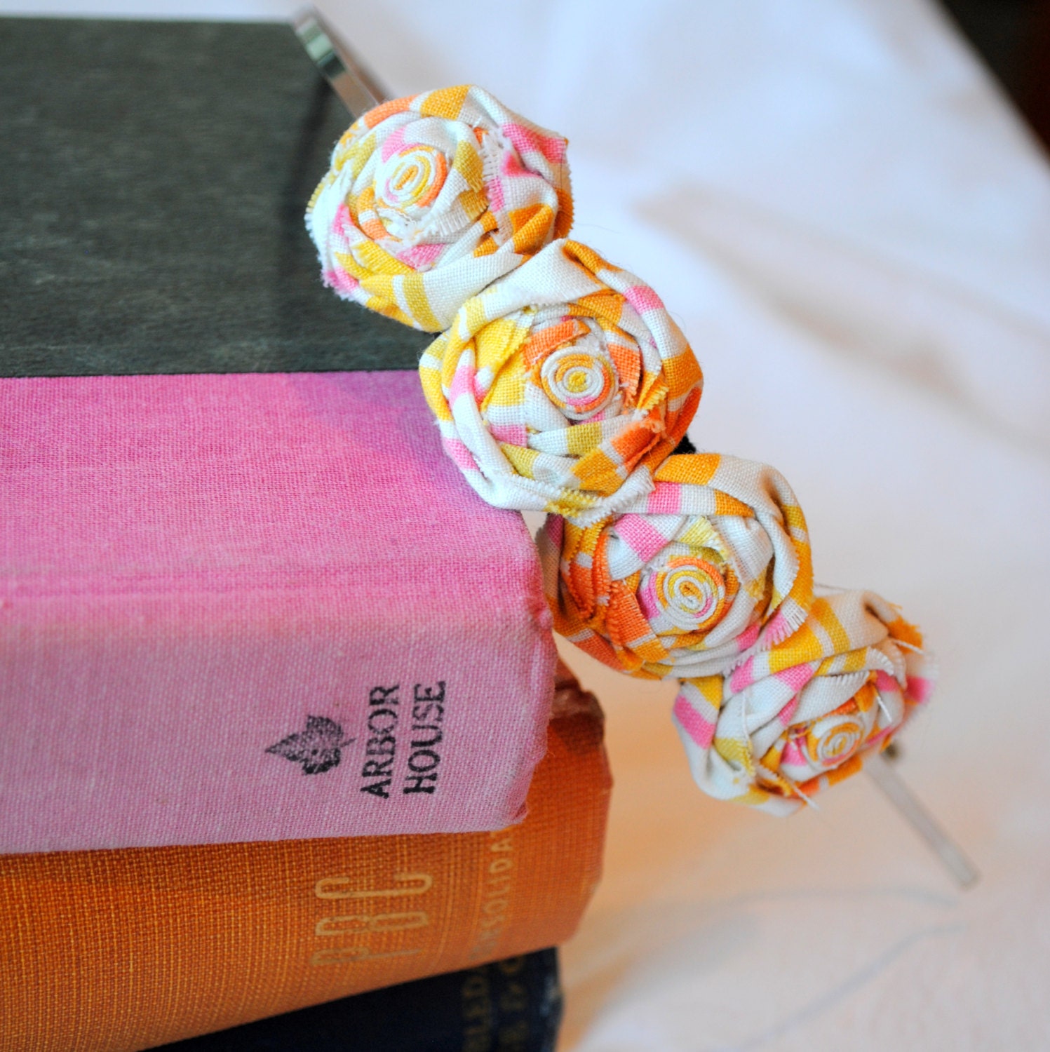 Orange, Pink and Yellow Rosette Flower Headband - Small Rosettes - Striped Floral Hair Accessory