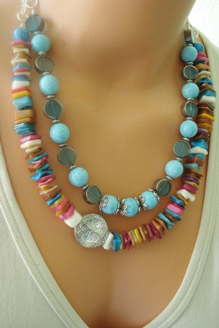 multicolored bohemian necklace, colorful seashell necklace, dual strand necklace, boho, beach, summer fashion