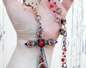Steampunk Necklace Cross Rosary-Inspired RED Rhinestones Resin Gears Watch Parts N0398 by Robin Delargy LooLoo's Box
