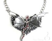 INFERNO Victorian Fantasy DRAGON Necklace Brooch Convertible Tack Pin Lapel Hat Purse Silver Brass Siam Crystal Rhinestones N0435