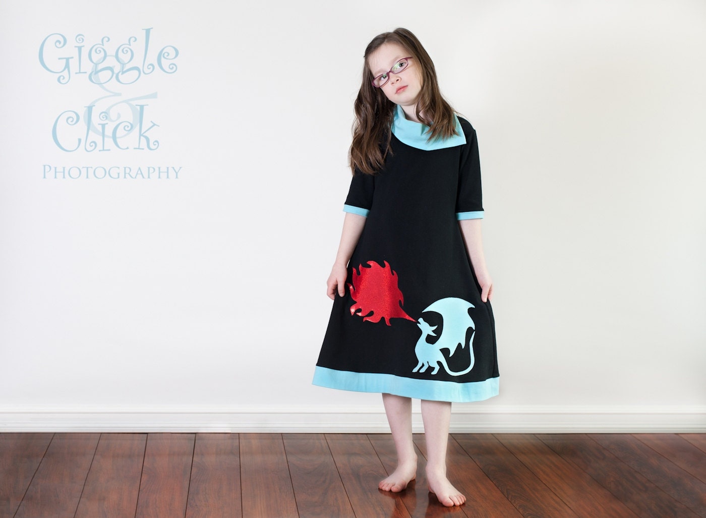Fire Breathing Dragon Dress, Black, aqua blue, and red, Tween ,Teen sizes 8, 10, 12, 14, childrens clothing (smaller sizes available)
