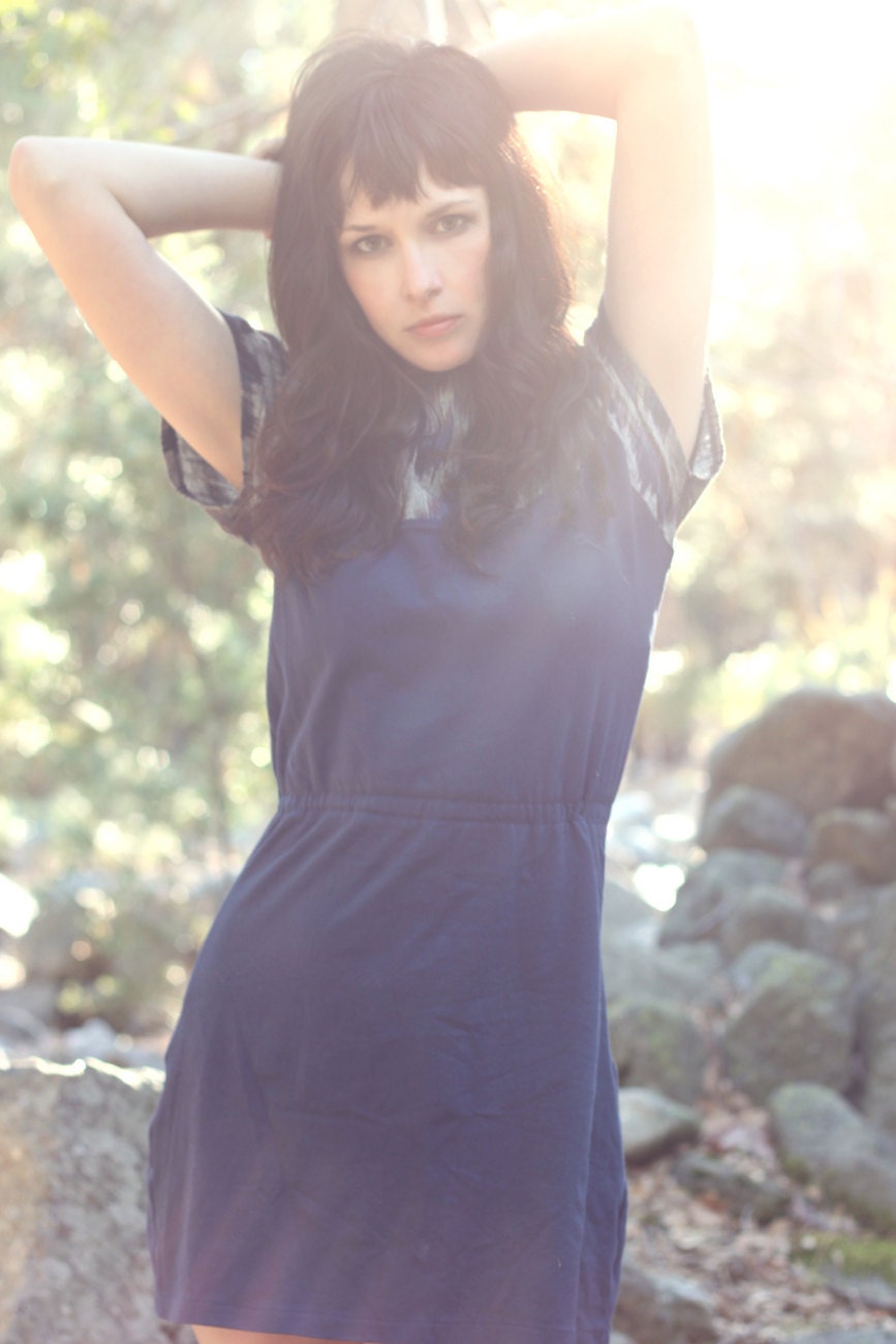 Blue Ikat Print Dress - boho knit jersey with modern cut out back, hipster bohemian style fashion for women - small