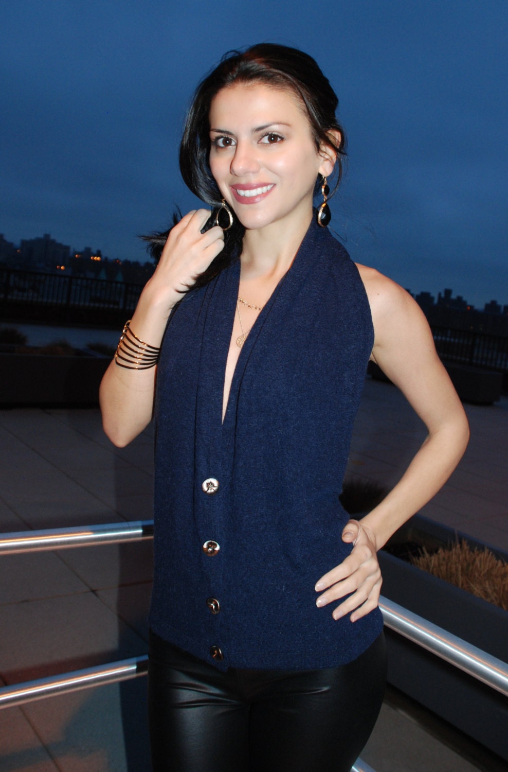 Dark Blue Knitted Party Top -  Free US Shipping - Donation to Unicef - Item MM-TO13-3DBL0