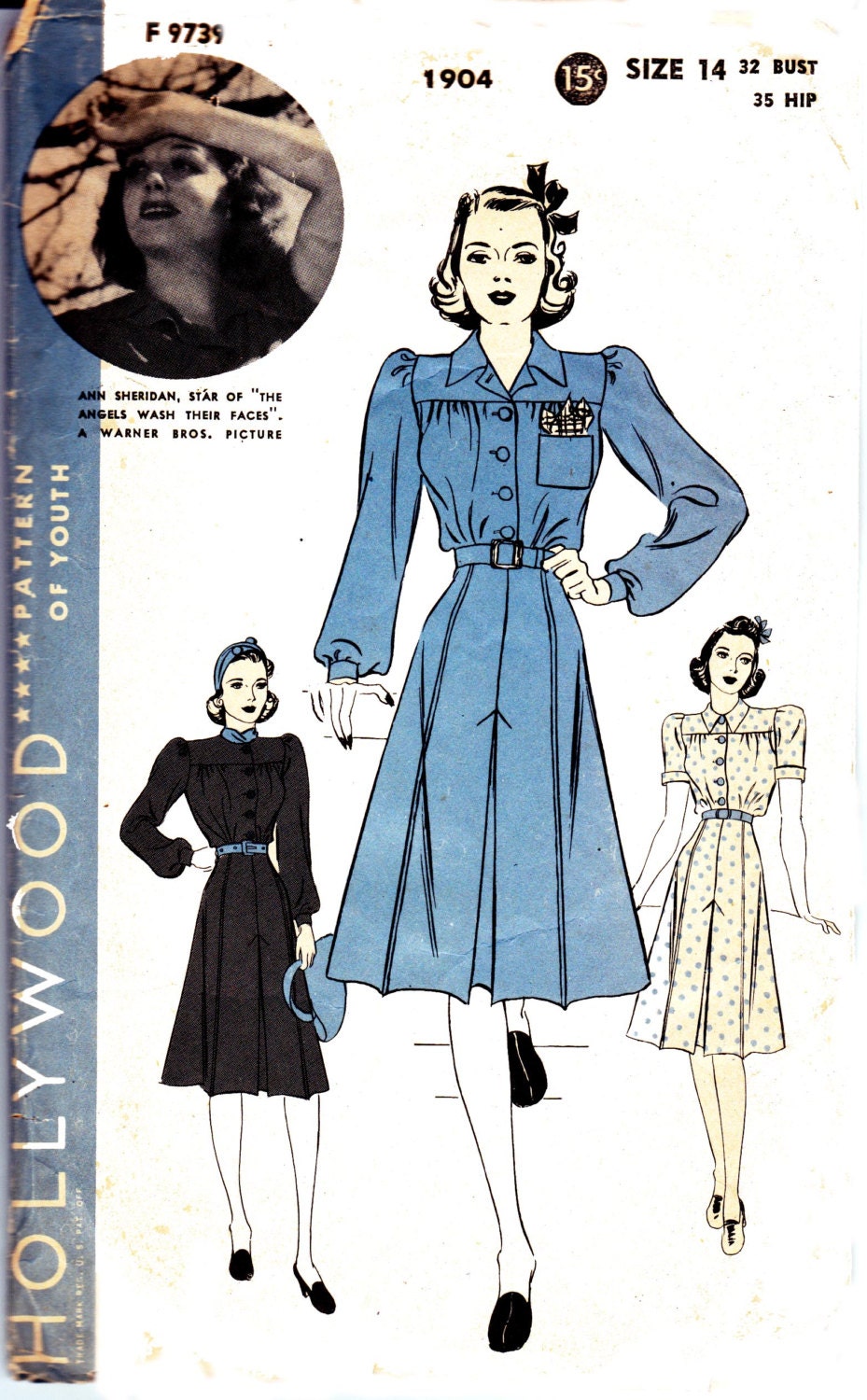 1940s Vintage Sewing Pattern Hollywood 1904 Ann Sheridan Shirt Dress Size 14 Bust 32