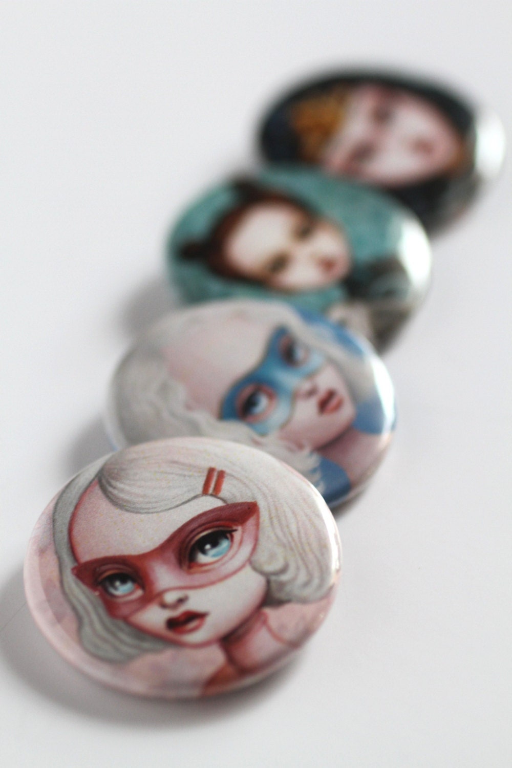 Set of 4 Super Girl Wonders pin back buttons - pop surrealism lowbrow pins by Mab Graves - set  1