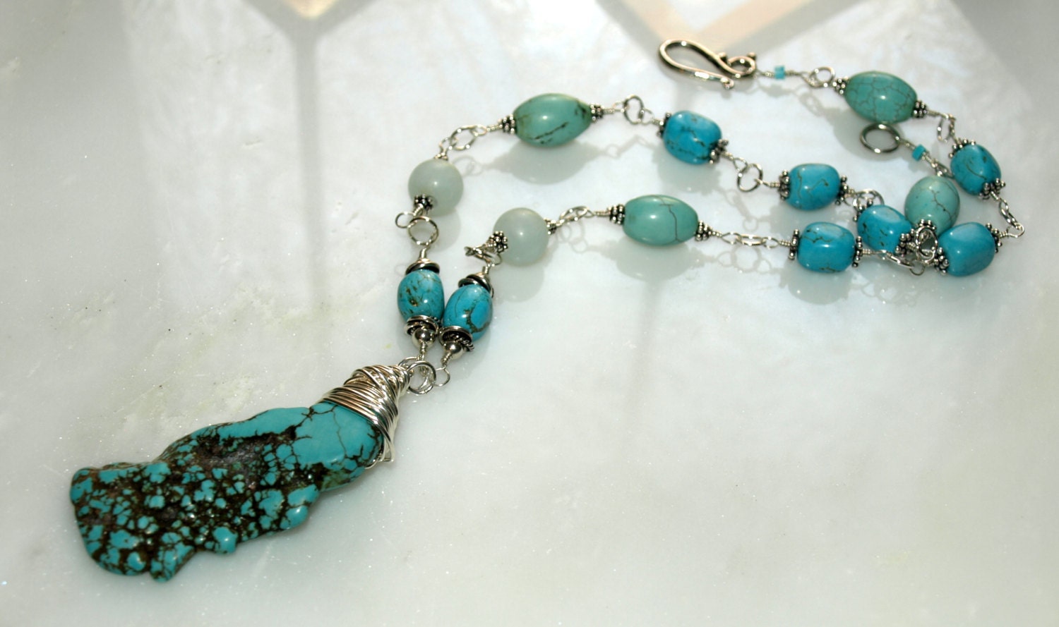 OOAK Natural Turquoise Sterling Silver Wire Wrap Pendant Necklace Handmade Chain Necklace South West Jewelry 19" with 2 1/5" Pendant