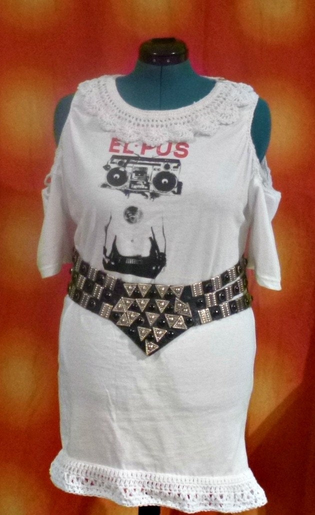 Upcycled Concert Tee Shirt Crochet  off the shoulder White Tunic Mini dress with hi lo hem cut-out sleeves