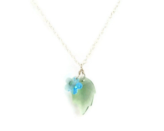 Flower and leaf swarovski crystal pendant sterling silver filled necklace