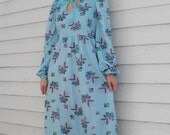 Vintage 70s Blue Print Dress Floral Geometric Hippie S M