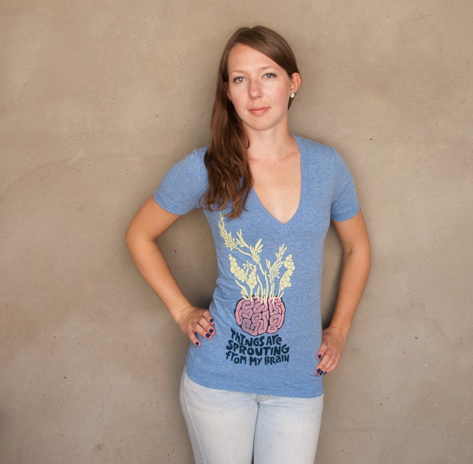 Sprouting Brain Deep V-neck - hand printed v-neck t-shirt
