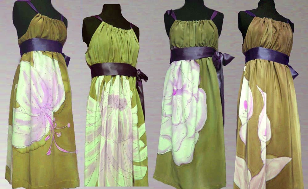Four Hand Painted Custom Made Silk Bridesmaids Prom Formal Dresses Draped  Romantic Floral Flower Elegant  Spring  Summer