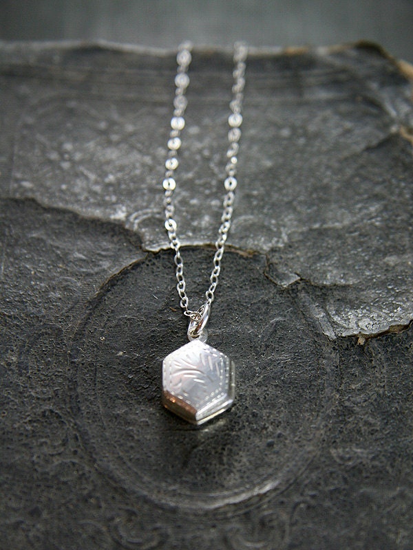 Unique Sterling Silver Locket Necklace, Tiny Engraved Hexagonal Pendant - Tiny Hexagon Dazzle