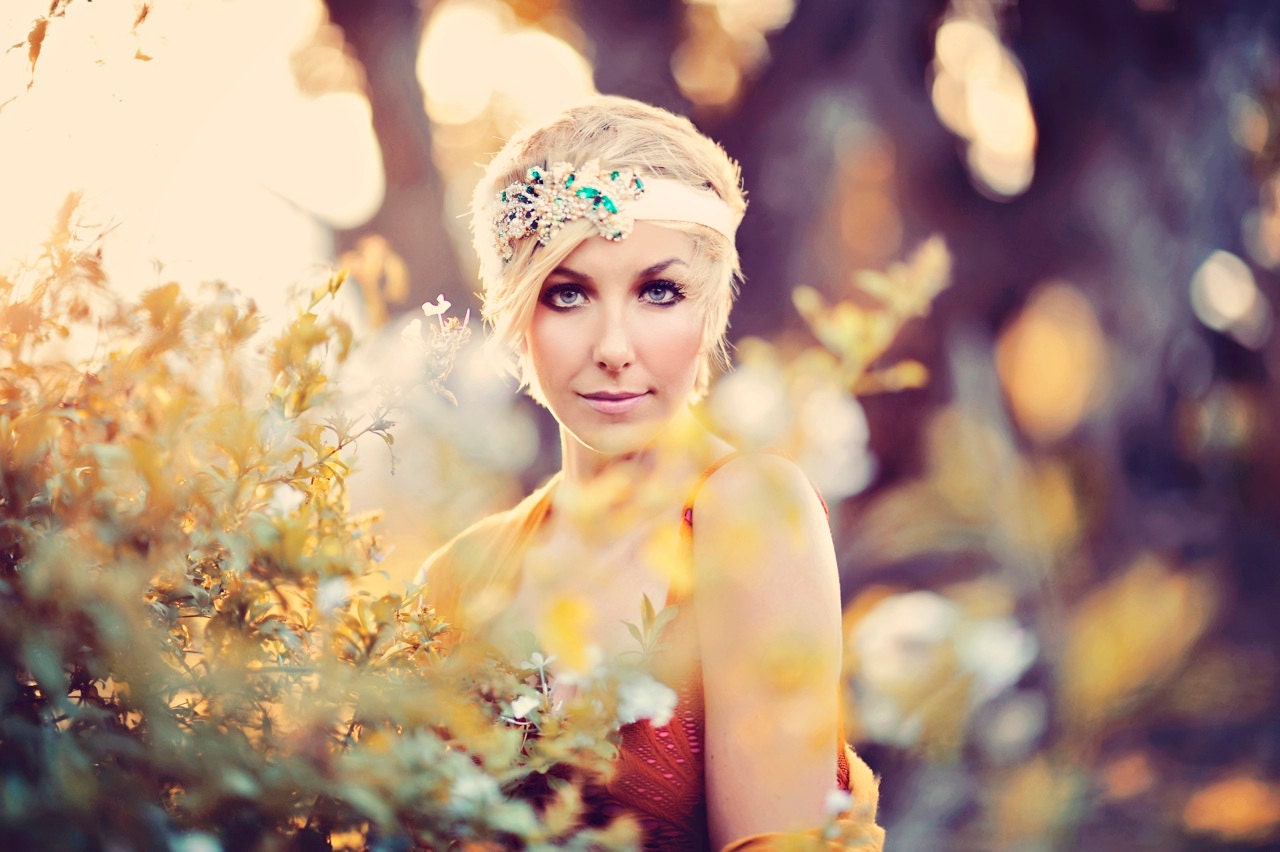 Emerald Green Bridal Headband- Vintage Wedding- Swarovski Crystal Bridal Bandeau- One-of-a-Kind Hand-Beaded -Vintage Glamour