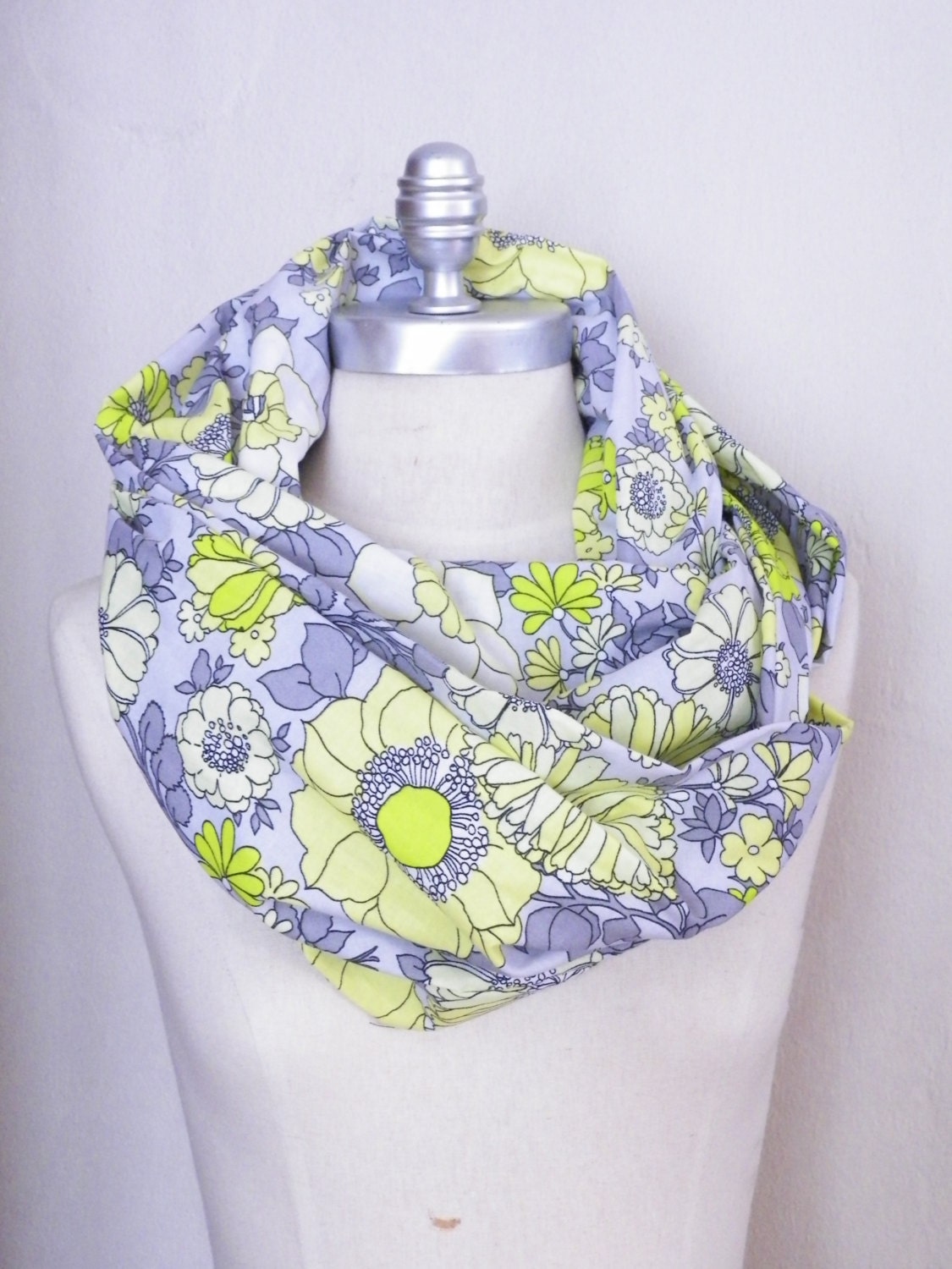 Infinity Scarf, Circle Scarf, Large Floral Print Fabric, Flourescent Green, Neon Yellow, Gray Flowers, Loop Scarf, Mobius Scarf