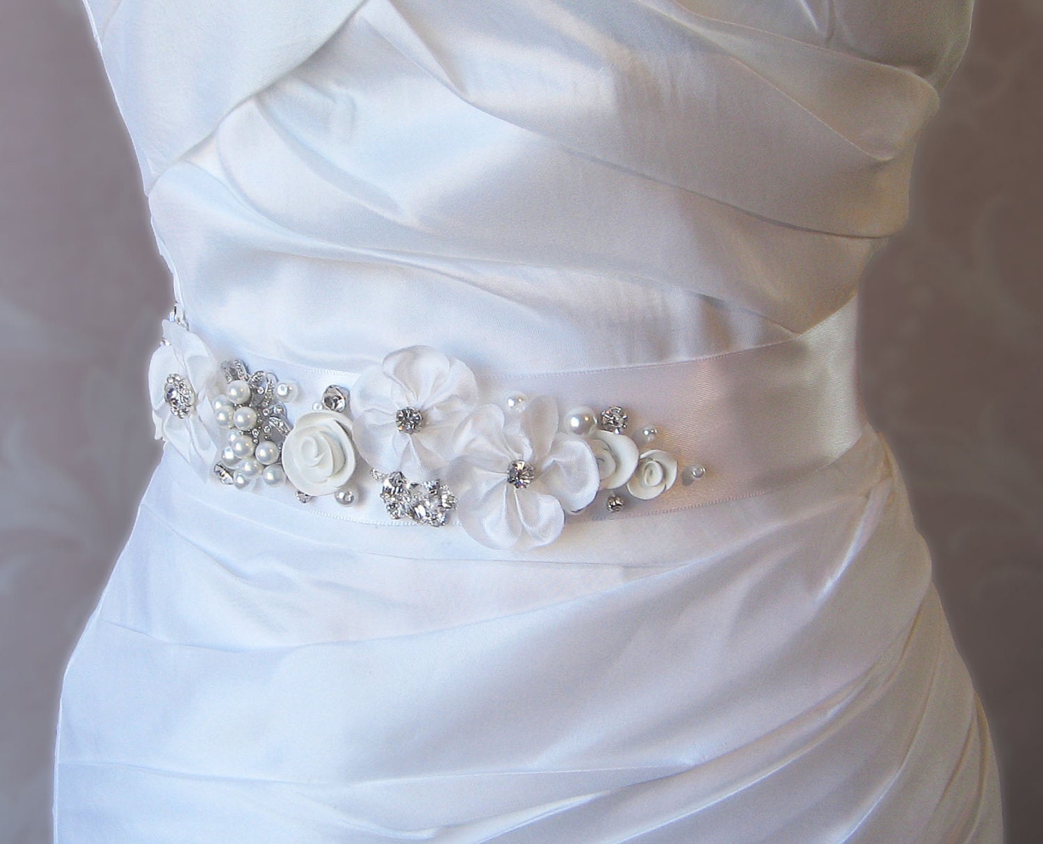 Rhinestone and Pearl Bridal Sash, Wedding Belt with Flowers, White, Champagne or Ivory - VENUS