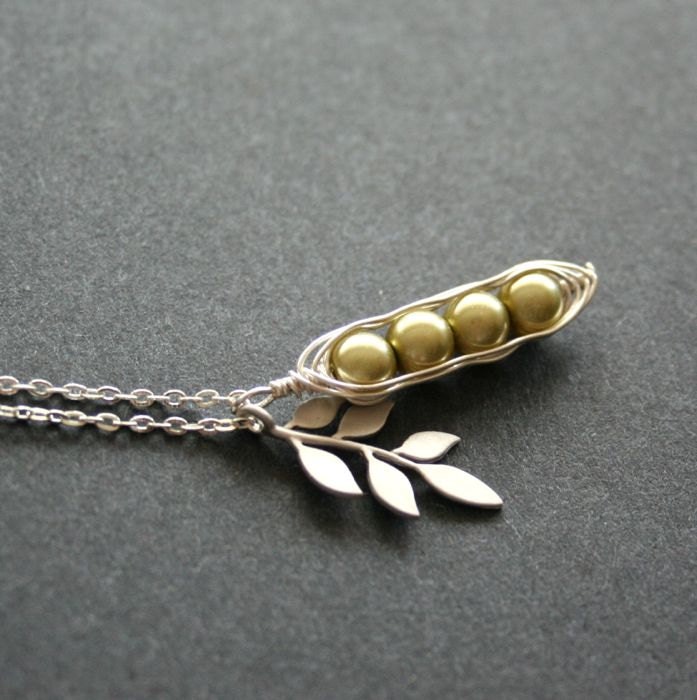 Pea pod necklace, olive pea pot necklace, four peas in pot, silver leaf branch necklace, gift, everyday jewelry, sterling silver available