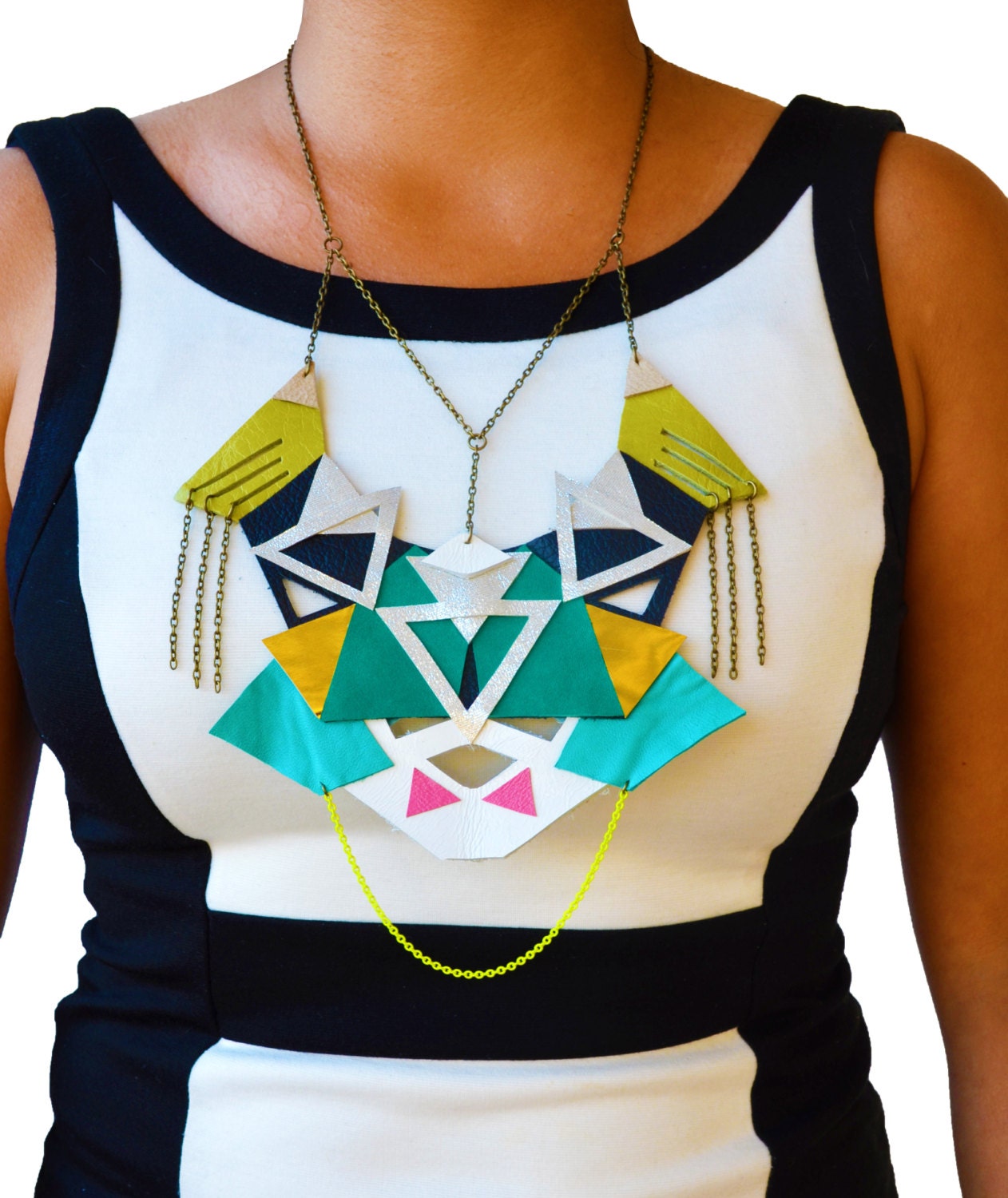 Neon Statement Necklace Geometric Emerald Leather Color Block Triangles Statement Jewelry