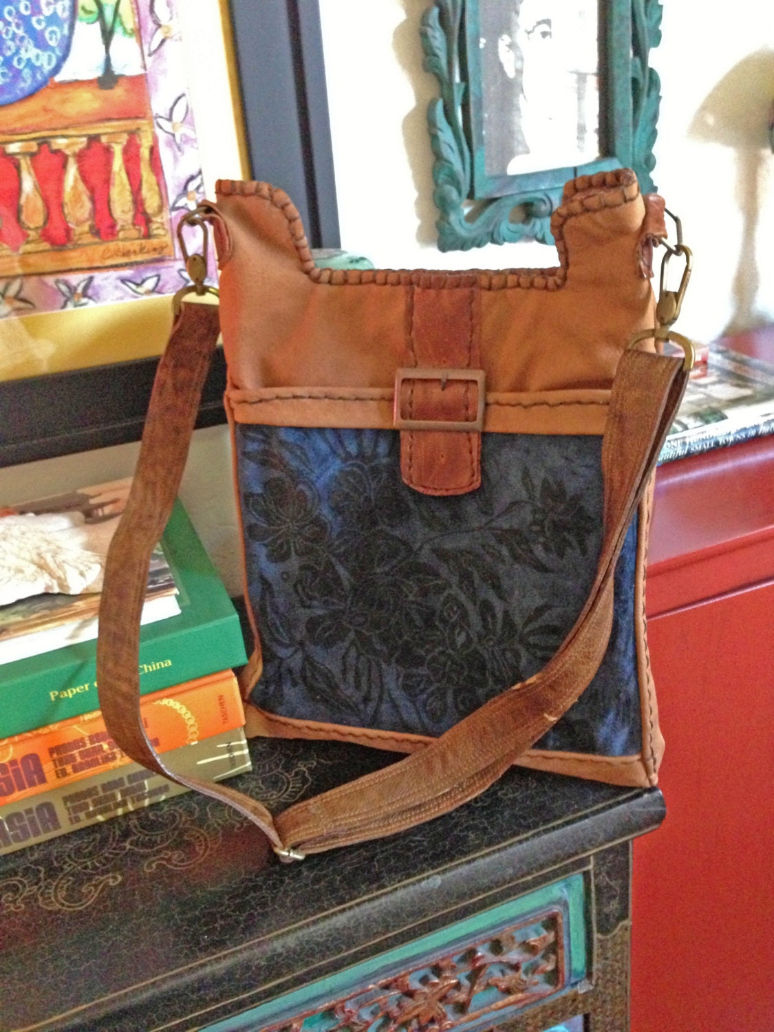 Blue and Tan Printed Leather Tote with Wildflowers