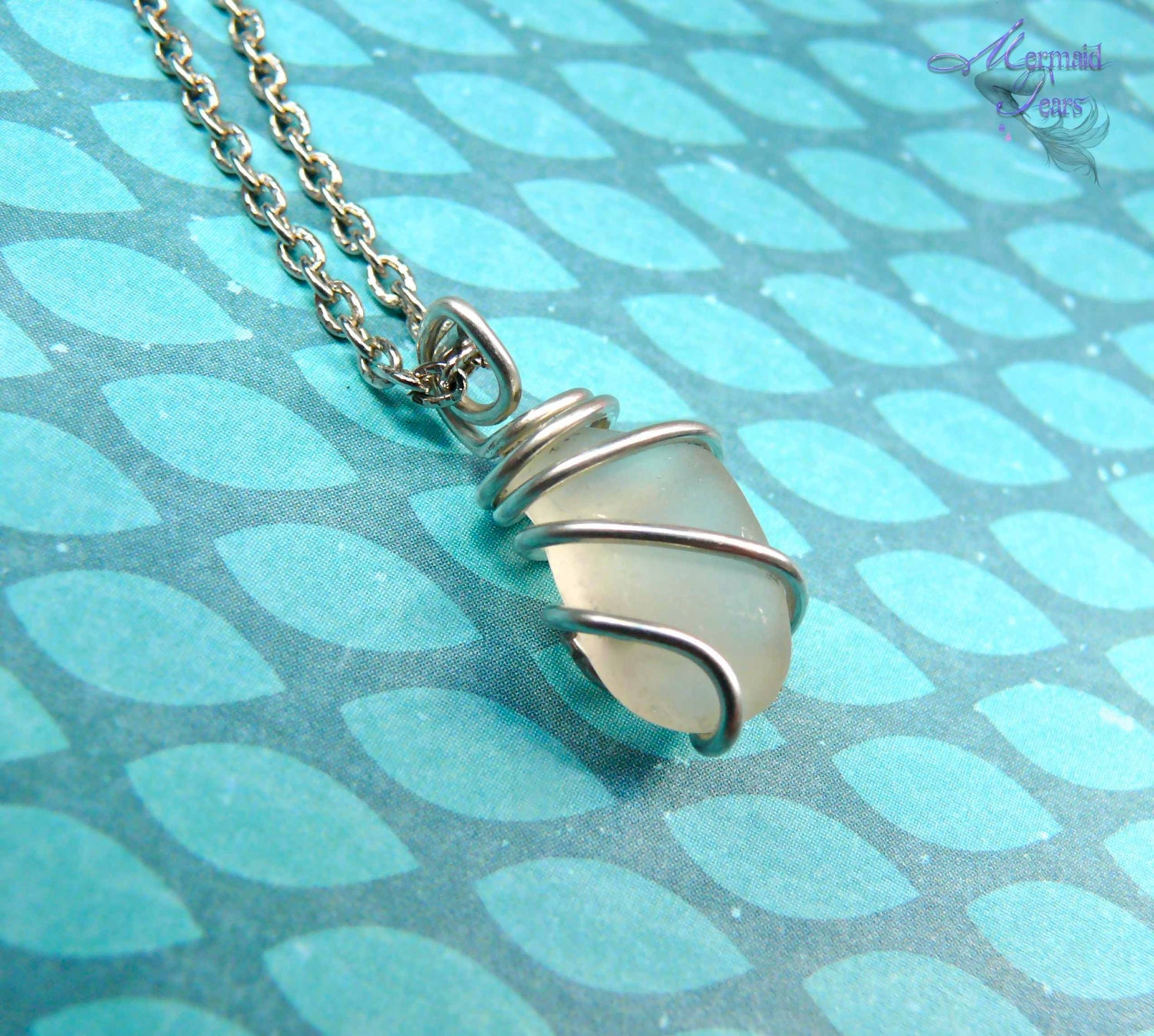 Hawaiian Jewelry - Sea Glass Necklace, white wire wrapped seaglass from Hawaii by Mermaid Tears