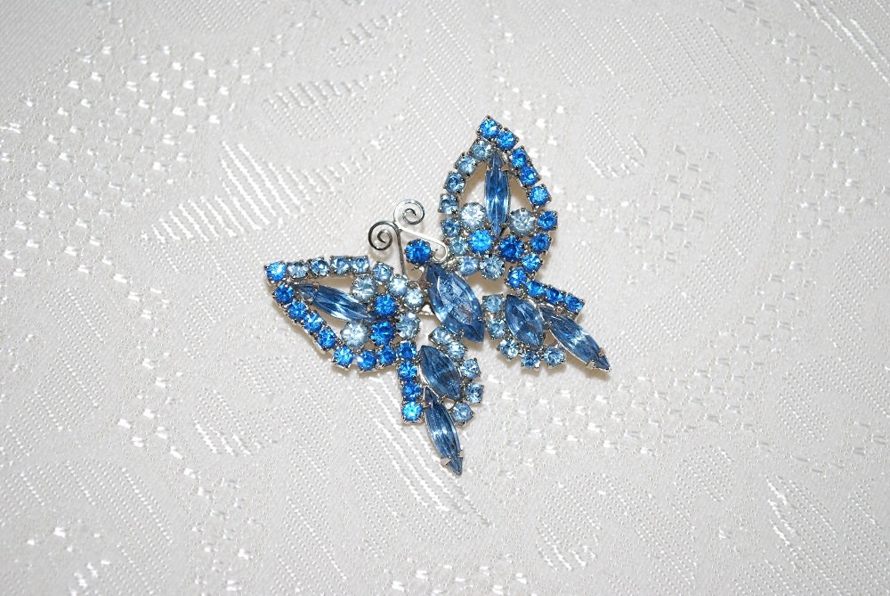 Vintage 1950's Blue Rhinestone Butterfly Brooch