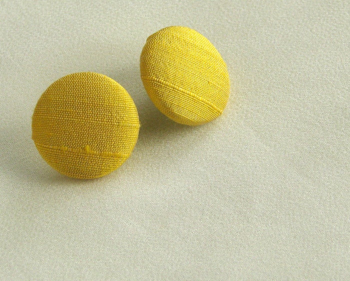Lemon Yellow Dupioni Silk Button Post Earrings - Handmade in USA