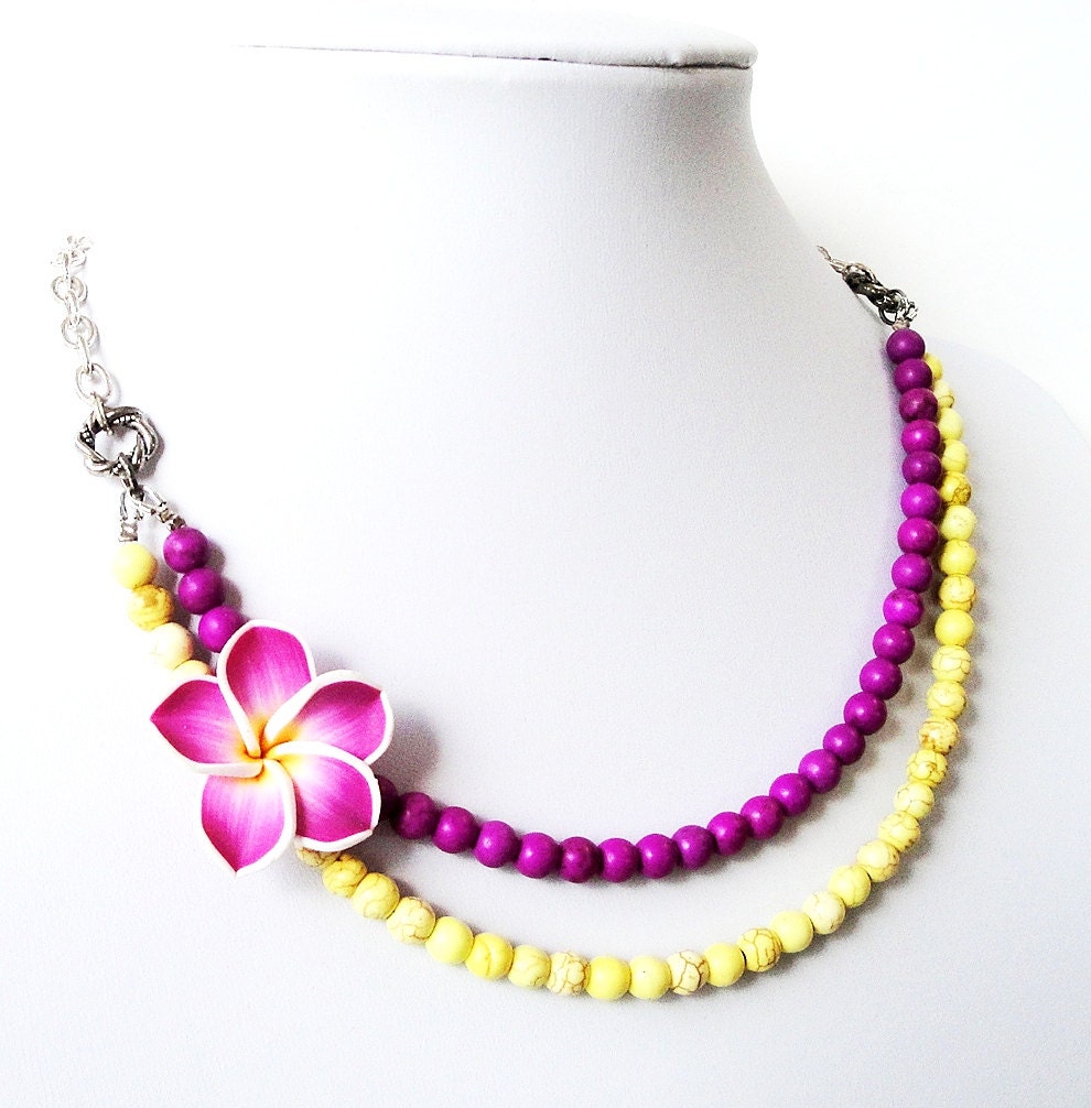 Yellow Purple Gemstone Soft Clay Plumeria Layered Necklace, Spring Frangipani Flower Necklace, Mothers Day Gift