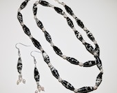 Eco Friendly Black Paper Beads and White Pearls Necklace and Earrings Set