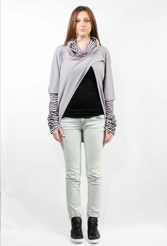 Gray loose sweater, Striped sweater, Long sweater
